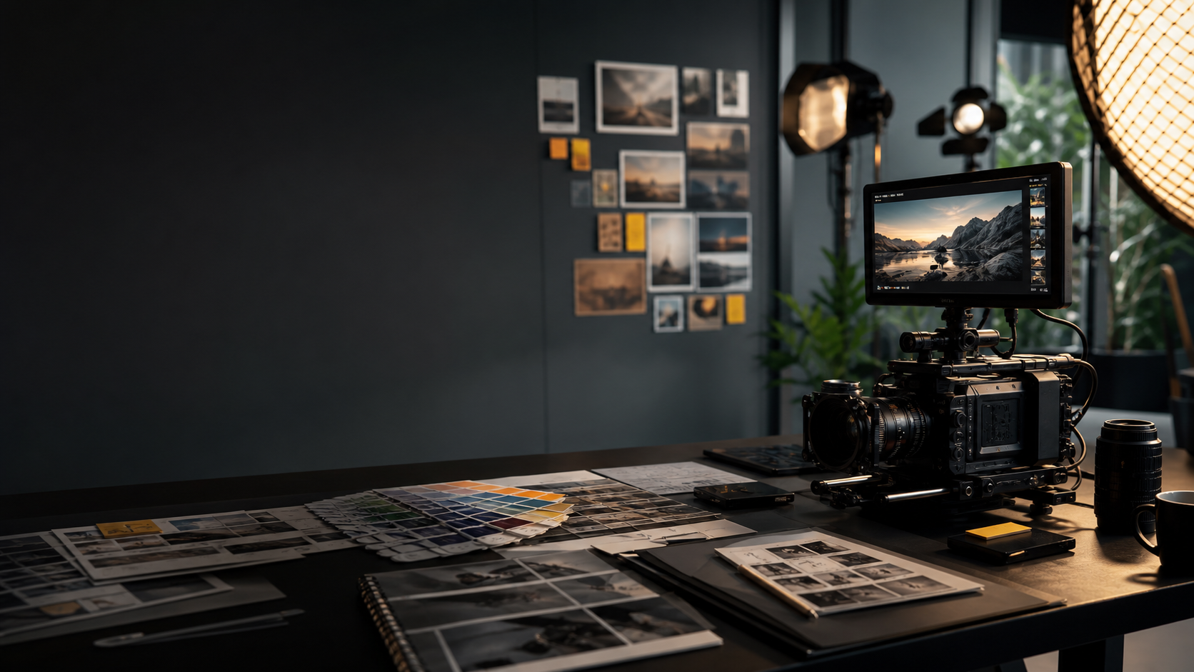 Creative production setup with camera gear and brand materials